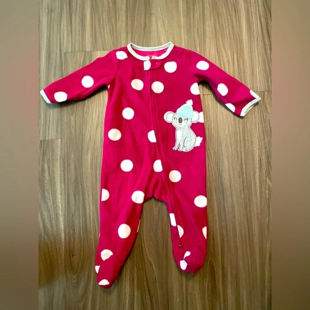 Carter's baby girl White and Purple polka dots koala Footie pajamas size 6M